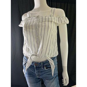 Mango Women's Casual Shirt White Striped Gray Top With Knot Tie Size 2
